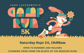 Camp Leavenworth 5K race logo with rabbit running with a sunflower